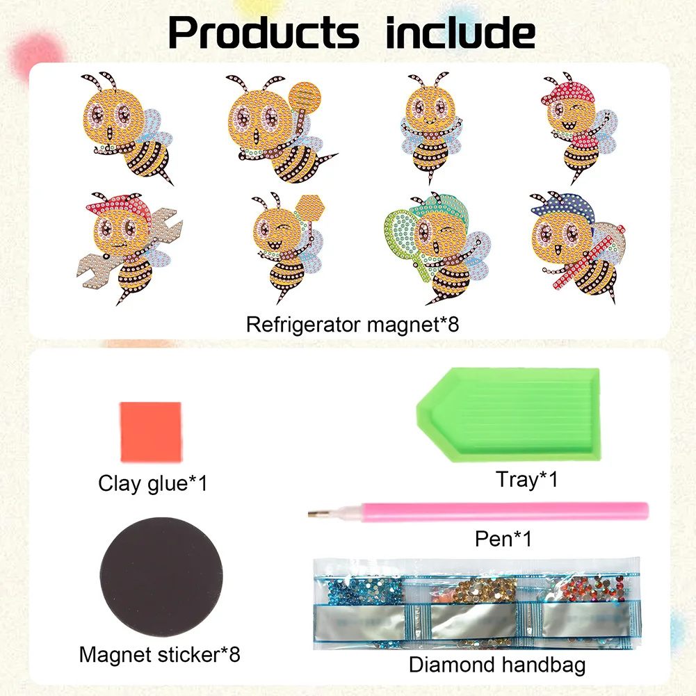 8Pcs DIY Bee Special Shape Diamond Painting Fridge Stickers for Home Decor