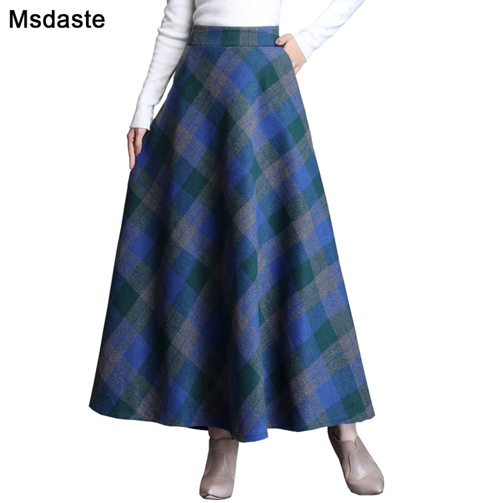 High Waist Woolen Skirts Women Winter 2019 Fashion Streewear Wool Long Pleated Skirt Casual Ladies Saia Longa Plaid Female Skirt