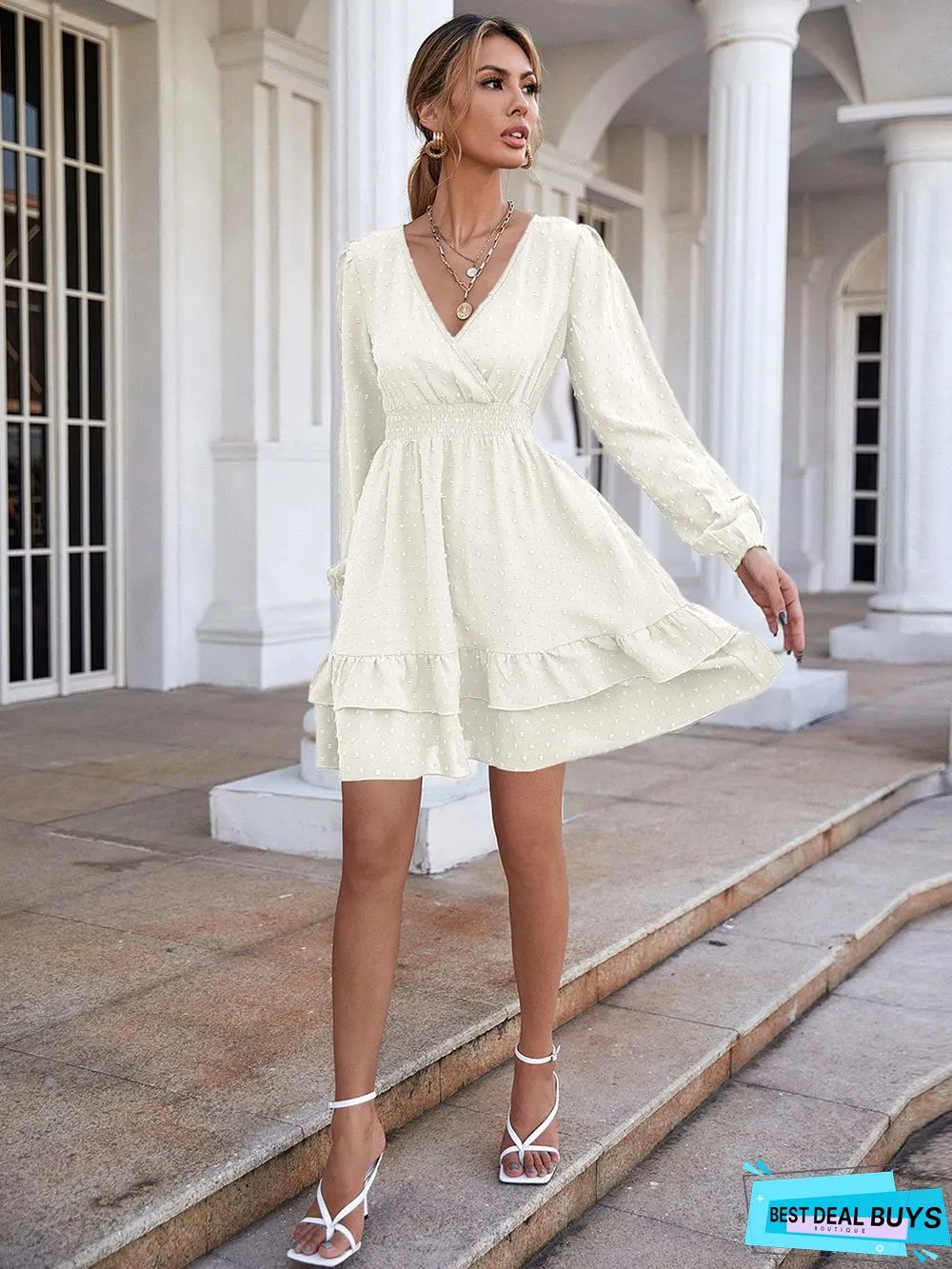 V-Neck Long-Sleeve Flounces Trim Commuter Dress For Women