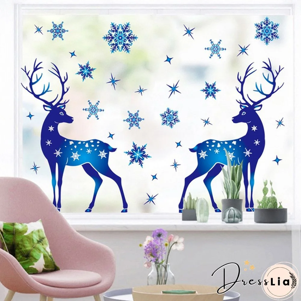 Christmas Decorations Snowflake Stickers Glass Window Decoration Stickers Christmas Blue Snowflake Elk Electrostatic Stickers