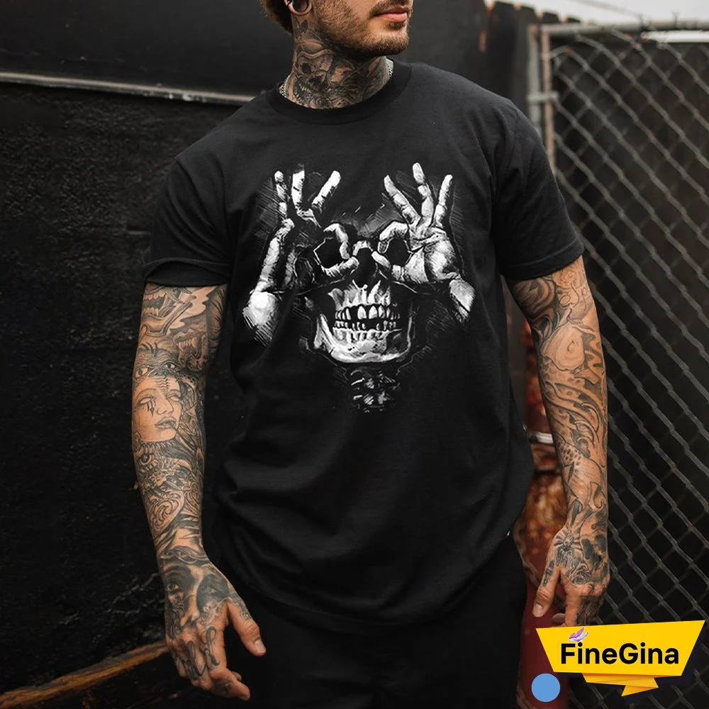 Black Skull with OK Pattern Graphic Casual Black Print T-shirt