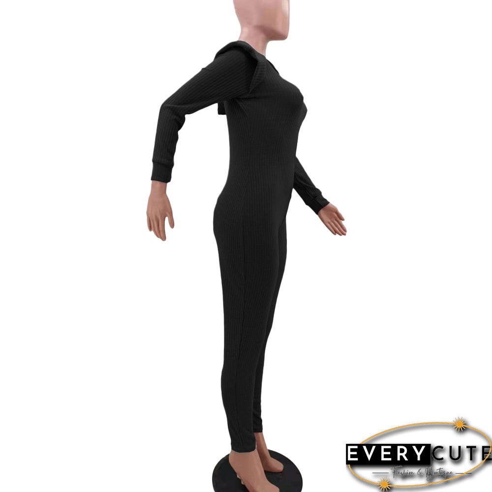 Knitted Long Sleeve Shoulder Padded Hooded Jumpsuit