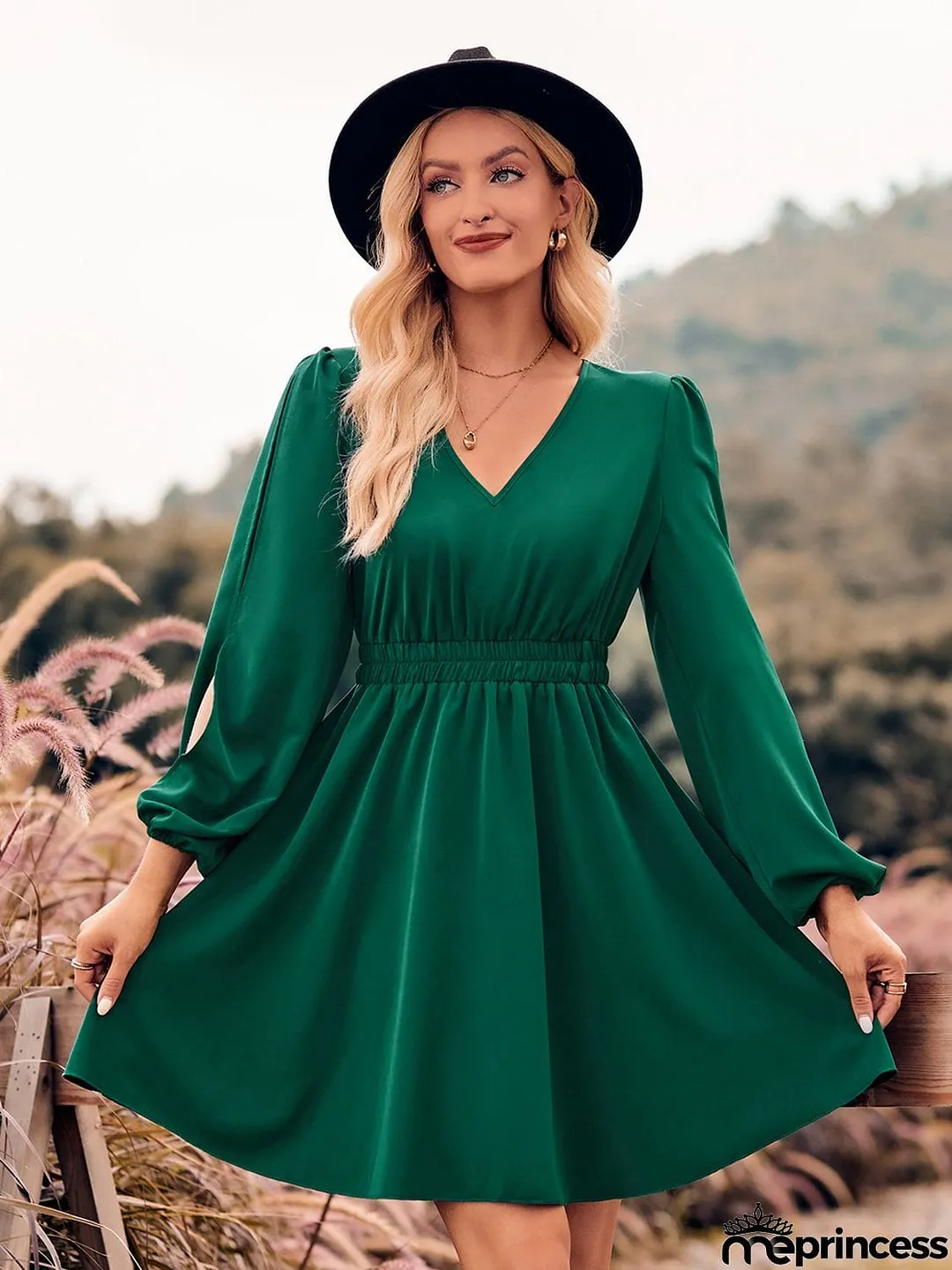 V-Neck Split Sleeve Mini Dress