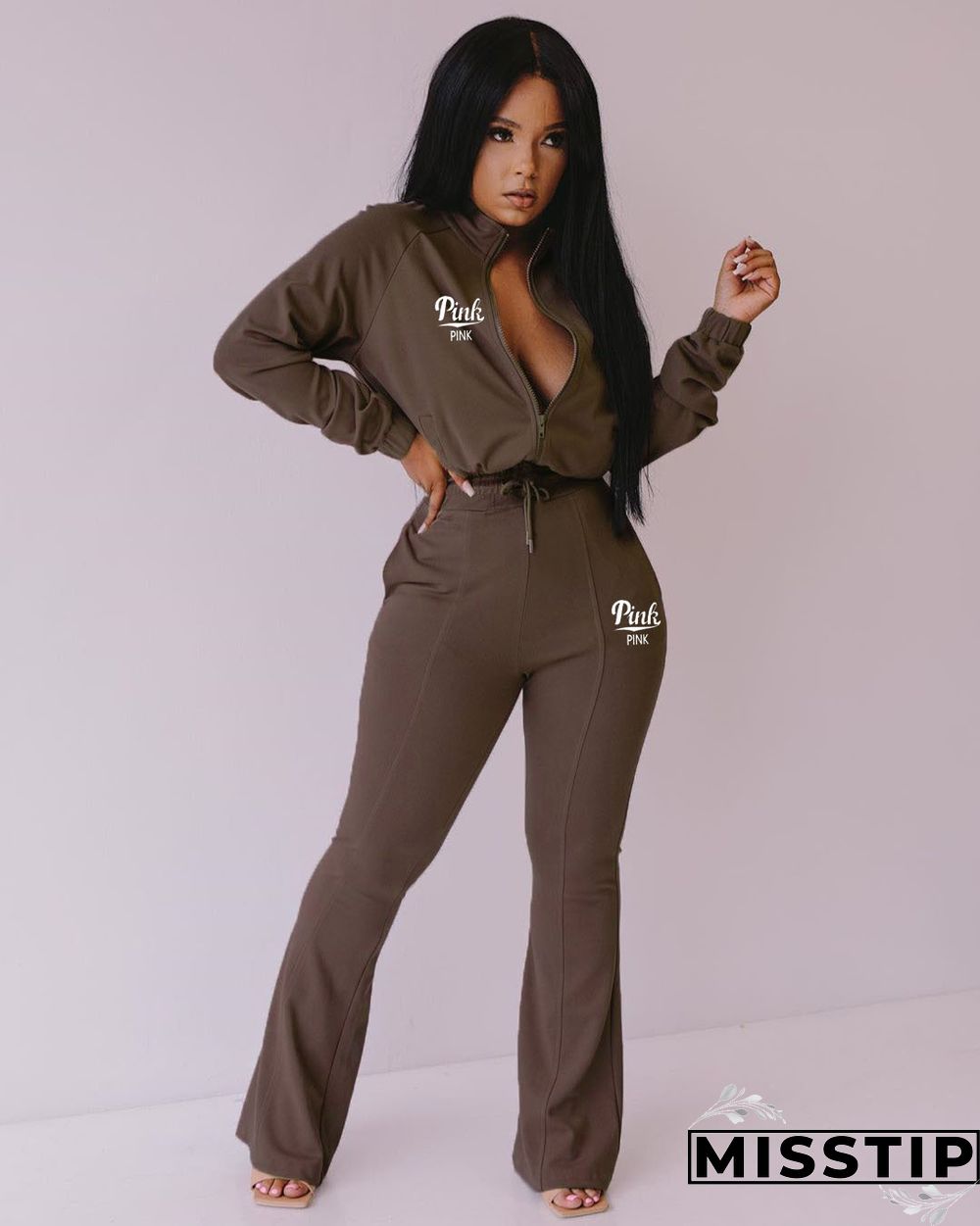 Sportswear Zipper Jacket Flare Pants Matching Sets