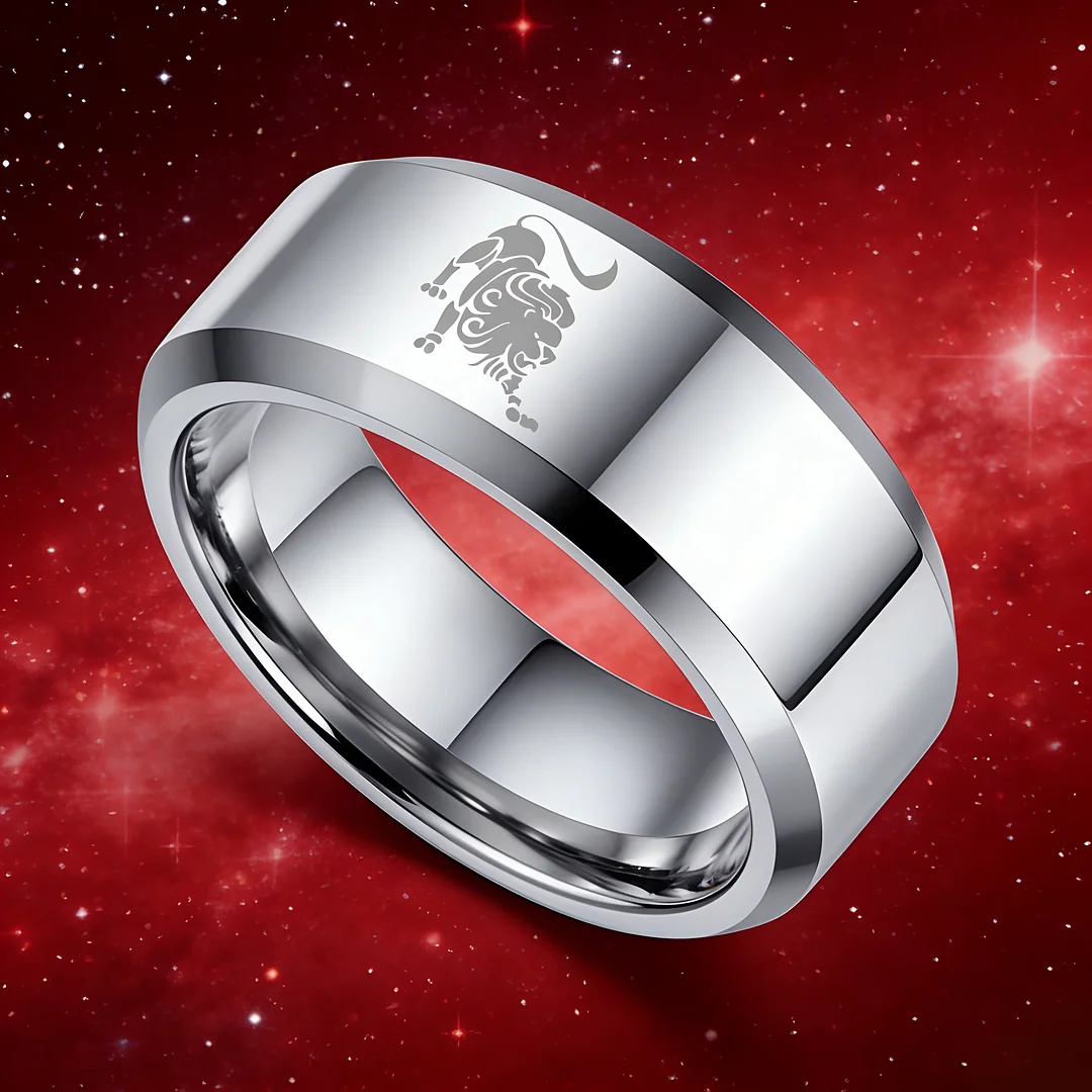 Sliver Laser Etched Couple Wedding Bands Sliver Leo Tungsten Carbide Rings Beveled Edges 4MM 6MM 8MM