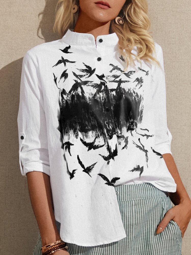 Birds Printed Long Sleeve Stand Color Casual Blouse For Women P1799987