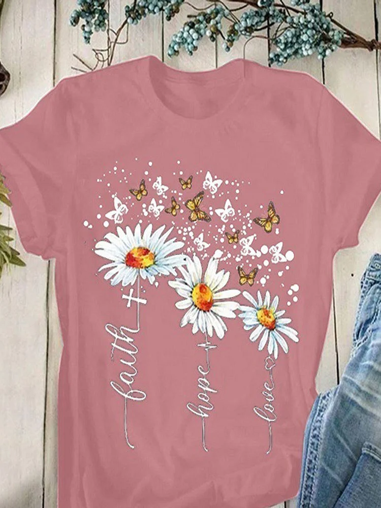 Round Neck Casual Creative Flower Print T-Shirt