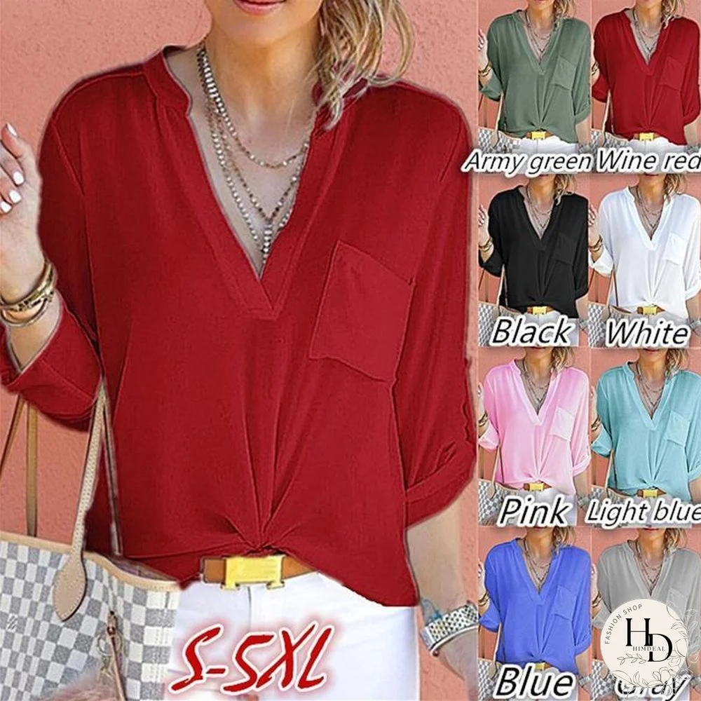 Plus Size Casual V Neck Solid T-shirts Tops For Women