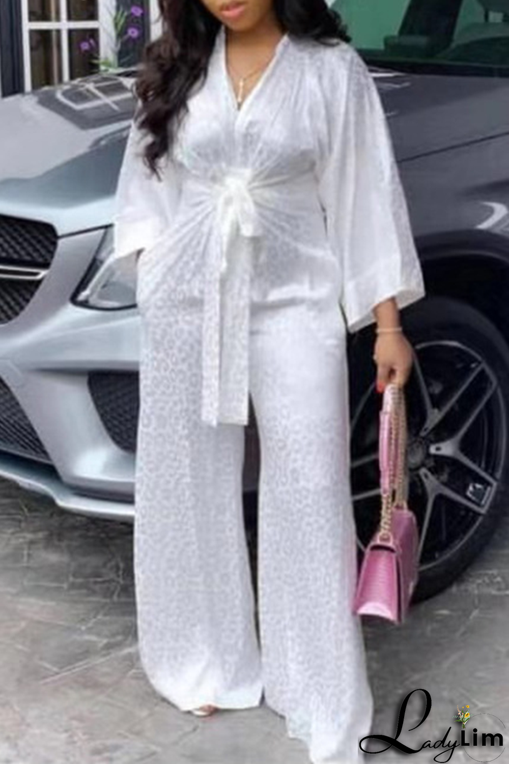 White Casual Print Split Joint V Neck Straight Jumpsuits