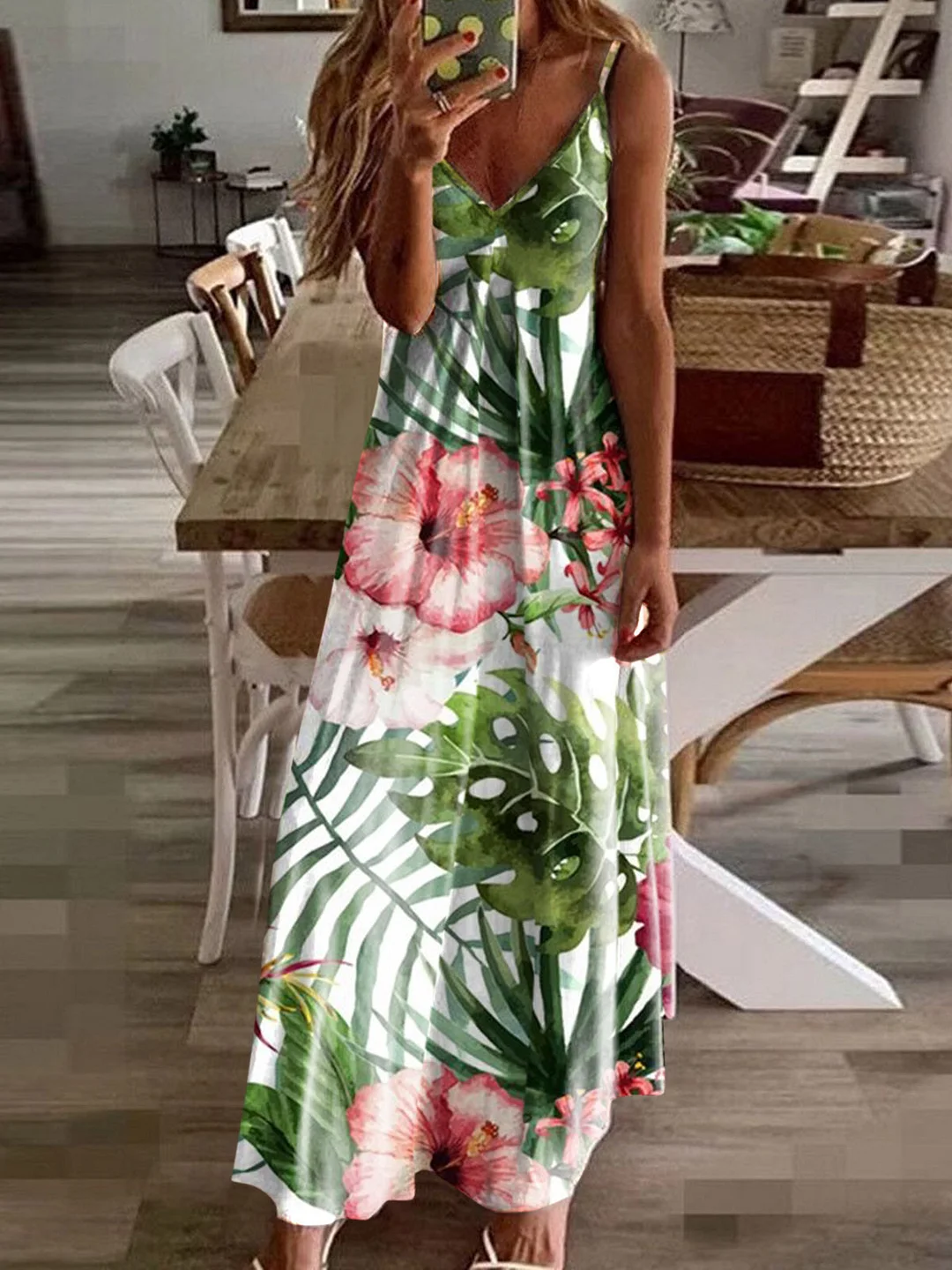 Women plus size clothing Women's Floral Printed Sleeveless V-neck Summer Halter Dress-Nordswear
