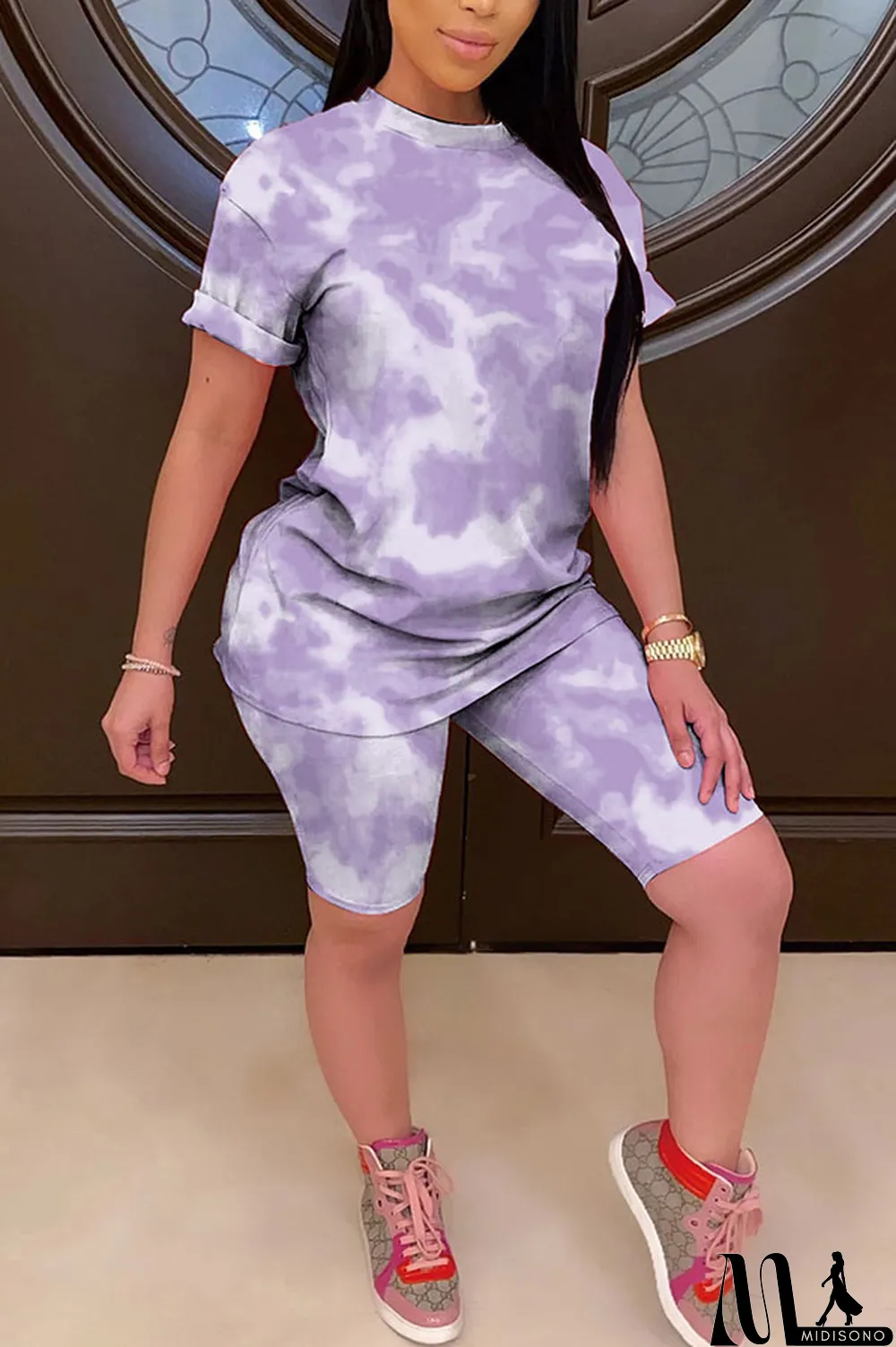 MidiSono - Light yellow Polyester Fashion Casual Print Gradient Two Piece Suits pencil Short Sleeve Two Pieces