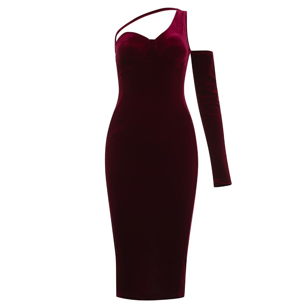 Neosepa-Vintage One Shoulder Low Cut Long Sleeve Pure Color Velvet Cocktail Dress