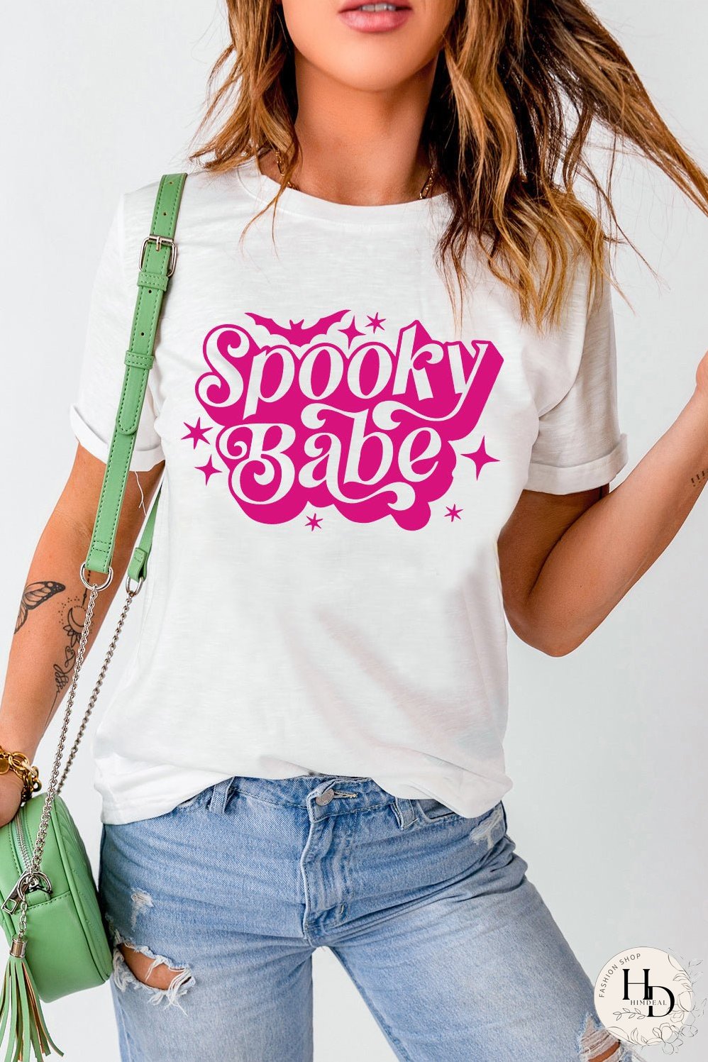 Spooky Babe Bat Print White Halloween Tee