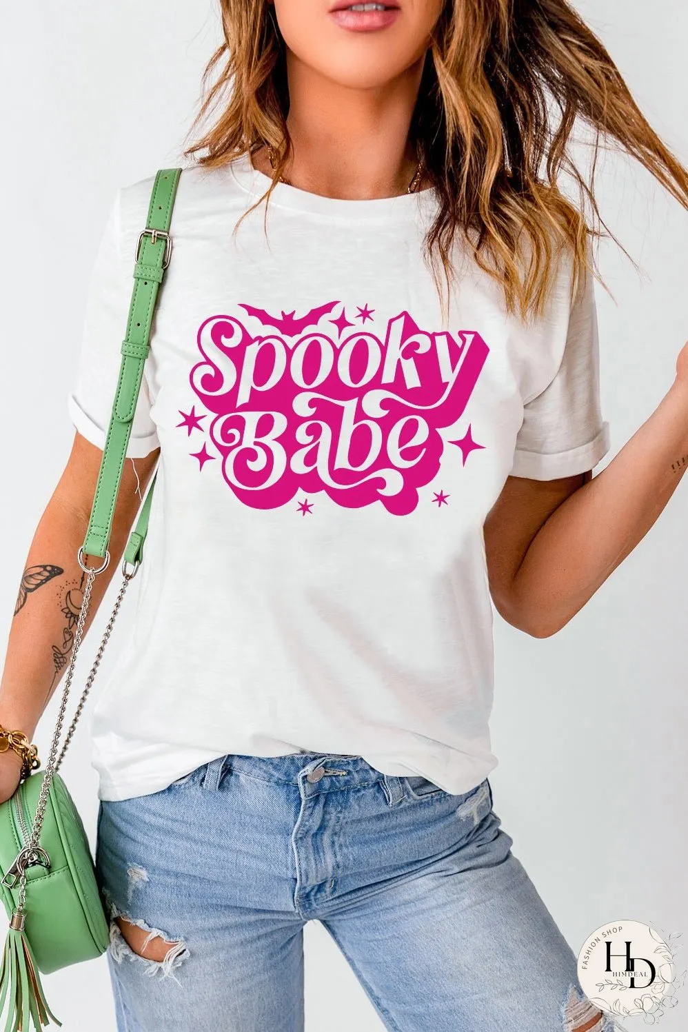 Spooky Babe Bat Print White Halloween Tee