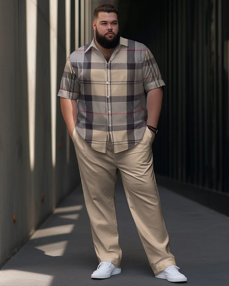 Men's Plus Size Plaid Retro Ethnic Short Sleeve Walking Suit