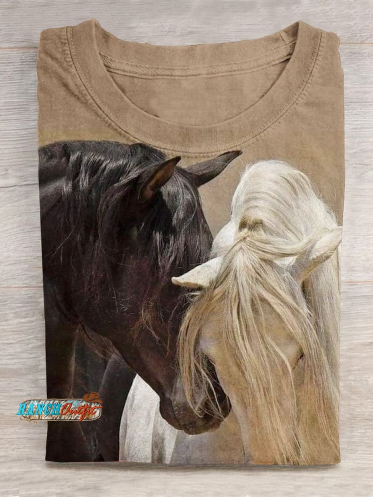Retro Horses Art Print Casual T-Shirt Khaki / S