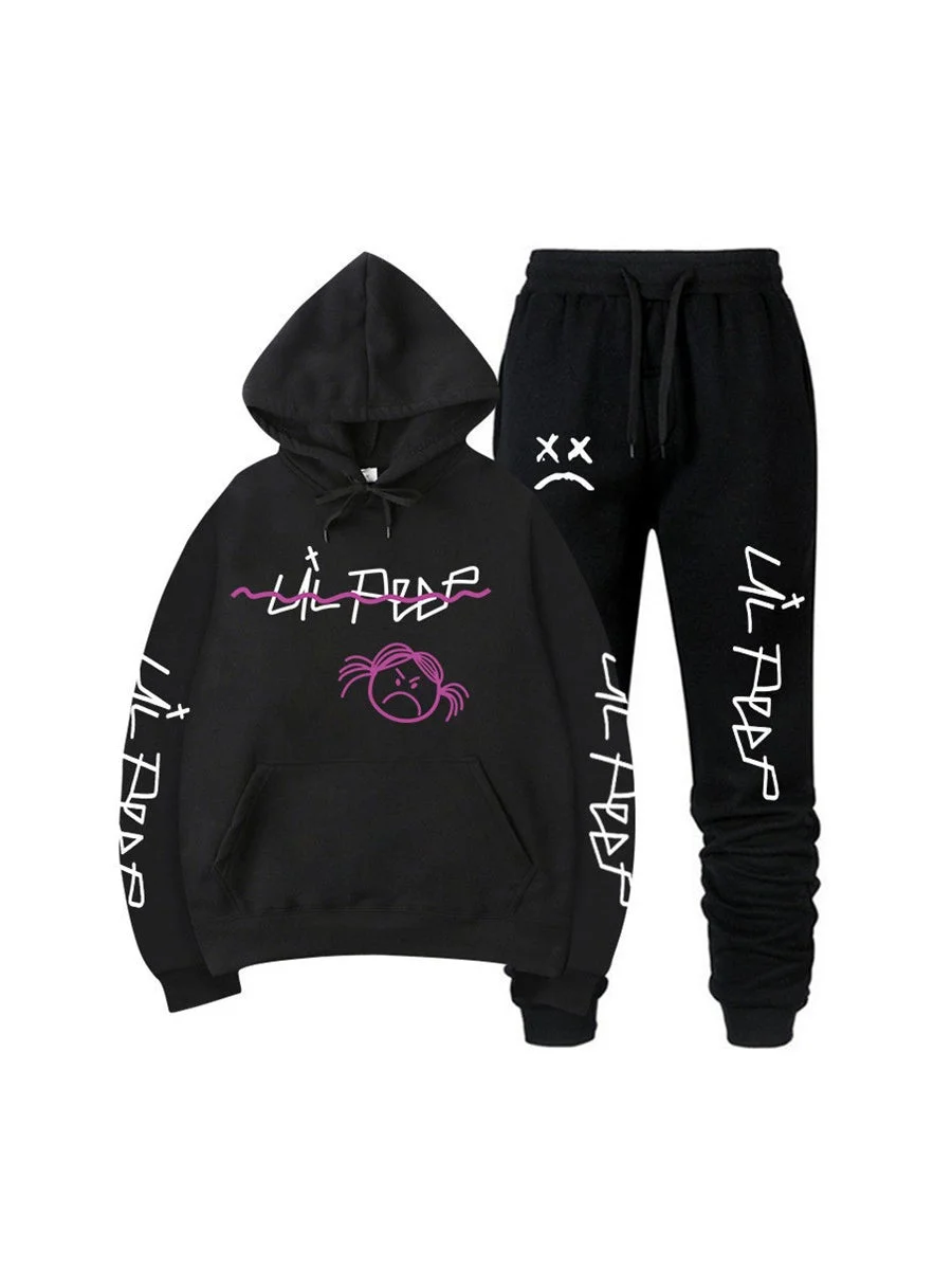 Unisex Rapper Lil Peep Hoodie Letters Floral Sweatshirt Pants Set