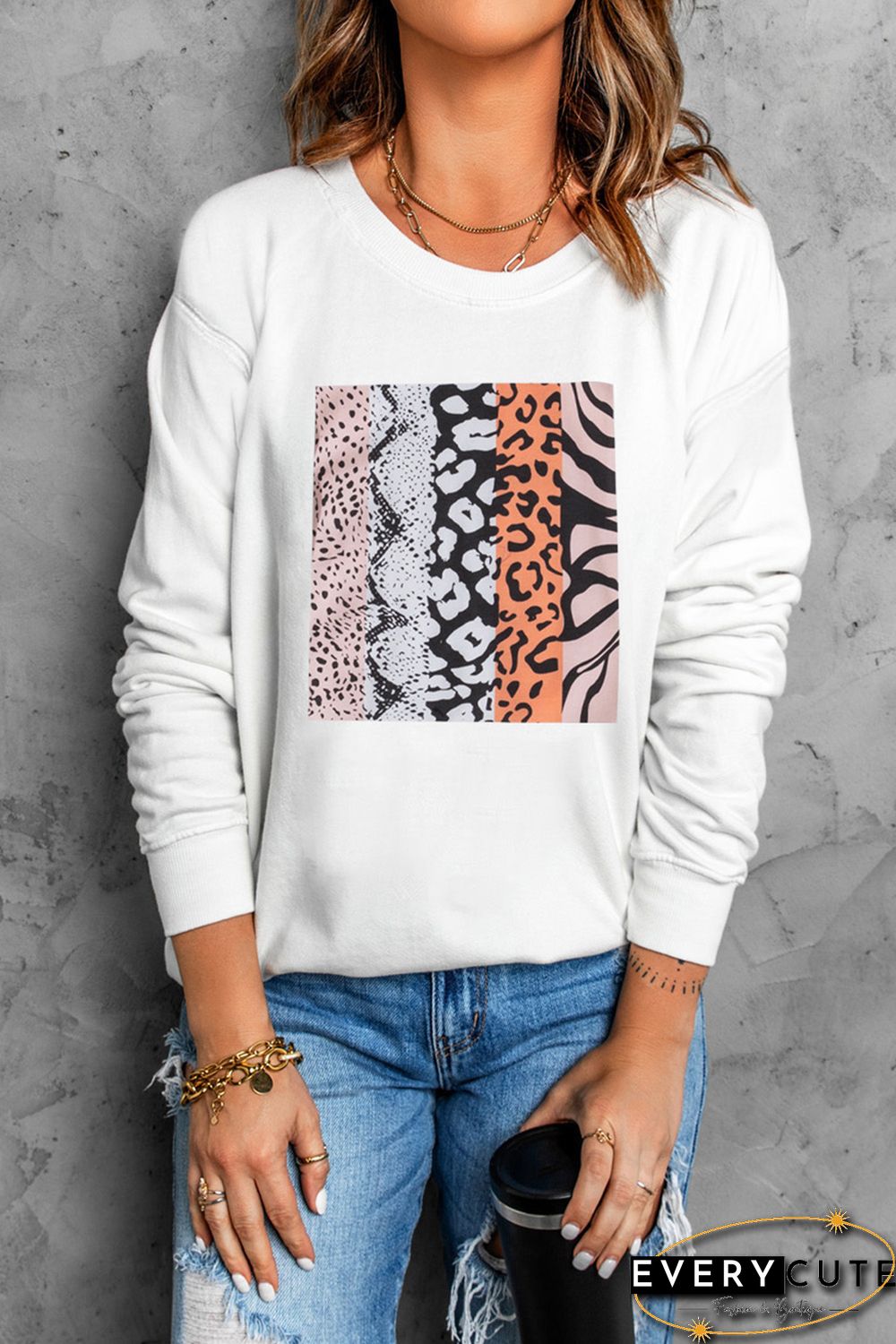 White Leopard Snakeskin Zebra Patchwork Long Sleeve Sweatshirt