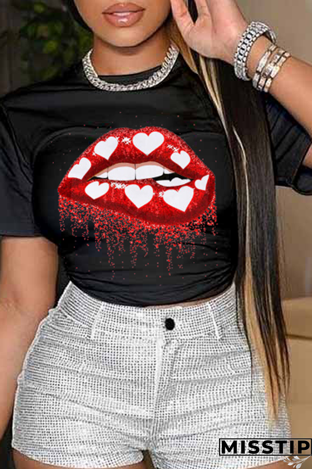 Black Street Lips Printed Patchwork O Neck T-Shirts
