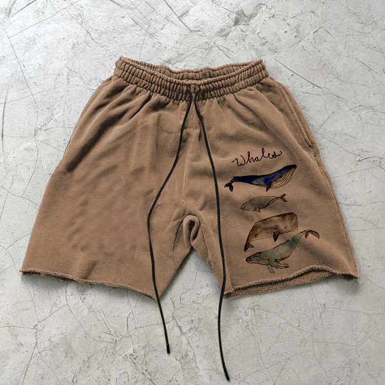 Summer Retro Marine Life Printed Khaki Shorts
