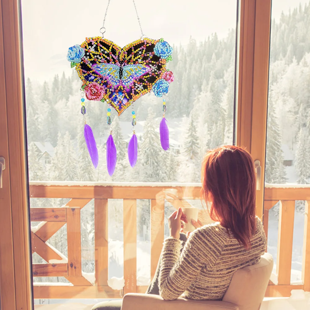 DIY Butterfly Flower Double Sided Feather Wind Chime Diamond Painting Hanging Pendant for Wall Decor