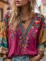Women's Floral Embroidery Colorblock Art Linen Blend V-neck Boho Shirt