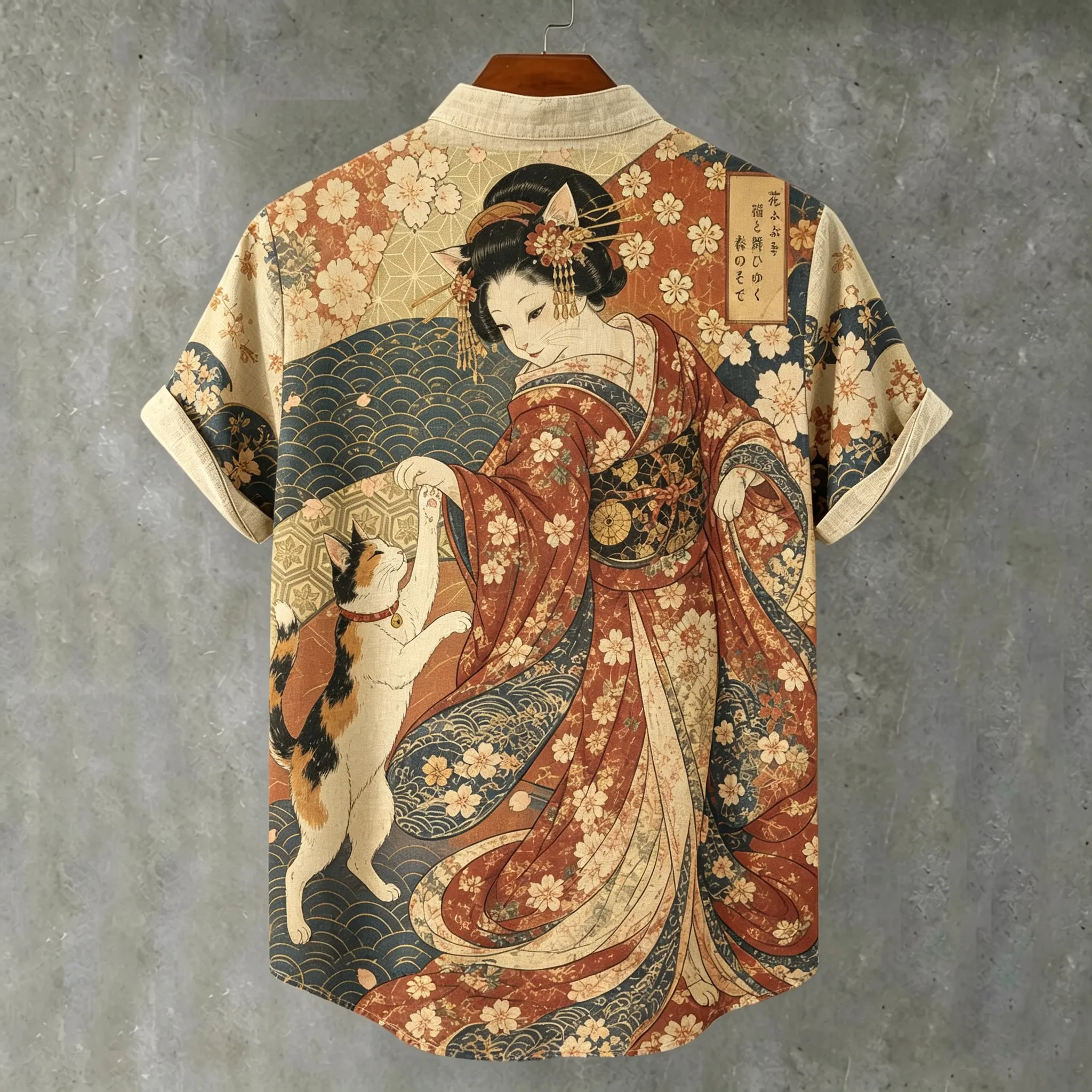 Men's Retro Japanese Cat Geisha Print Cotton Linen Shirt  artssus