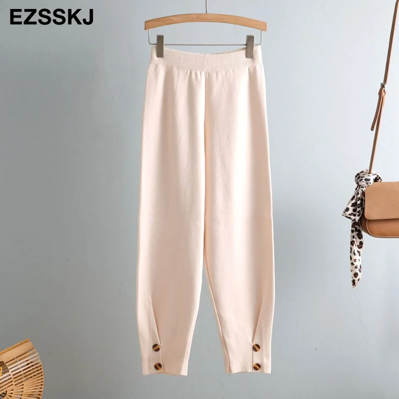 Women Elastic Waist  BUTTON Trousers Thick Knitted Harem Pants Autumn Winter Sport pants sweater Knitted Carrot pants