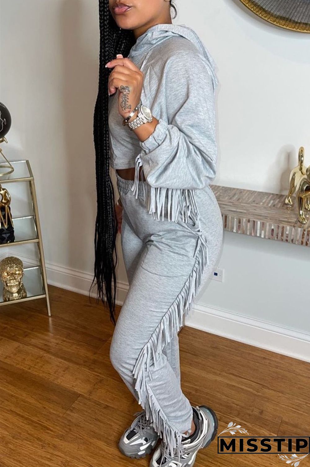 Orange Fashion Casual Solid Tassel Hooded Collar Long Sleeve Two Pieces