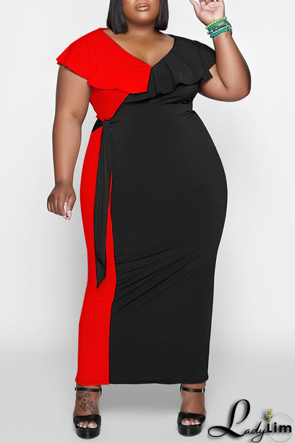 White Casual Solid Split Joint Flounce V Neck Plus Size Dresses