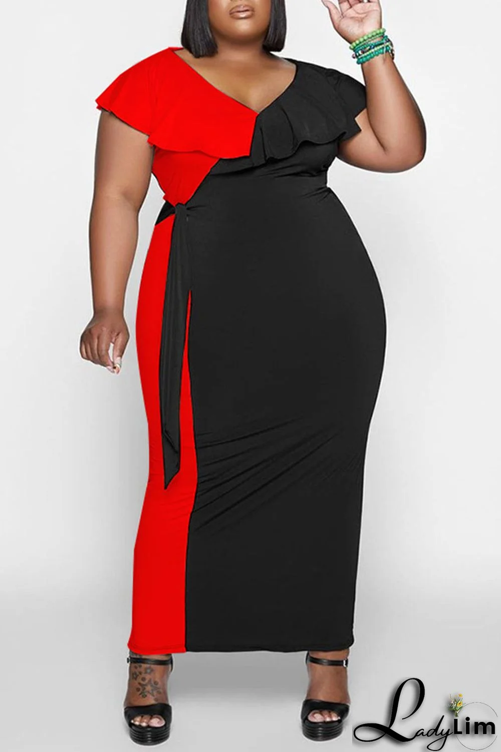 White Casual Solid Split Joint Flounce V Neck Plus Size Dresses