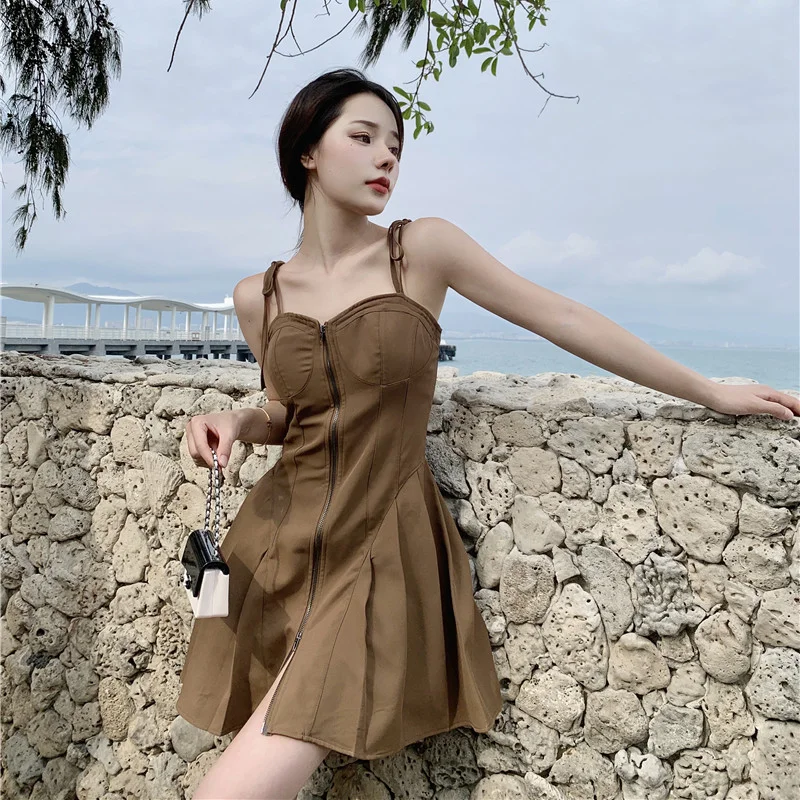 Zingj Zingj Shot Chocolate Brownie Sexy Slip Dress Summer Vintage Niche Design Show Thin A-Word Skirt