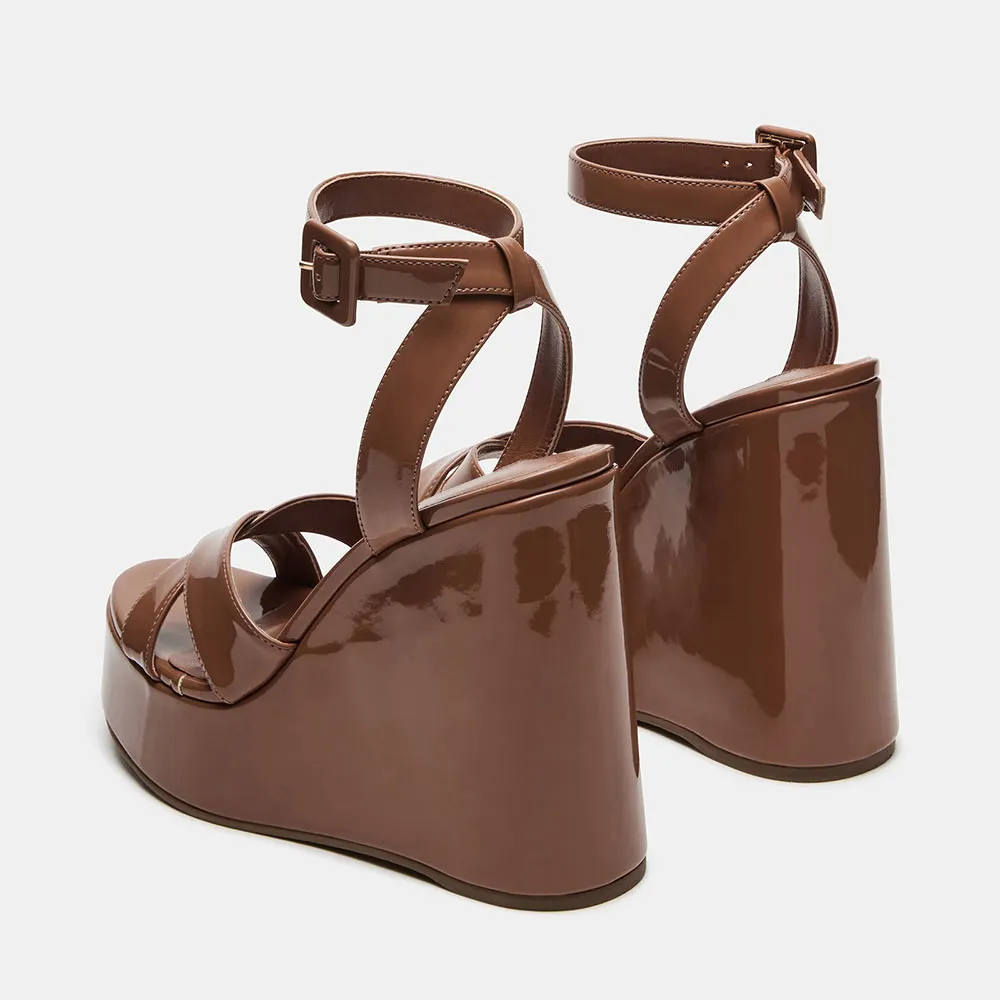 Brown Open Round Toe Wedge Heel Platform Sandals with Ankle Strap