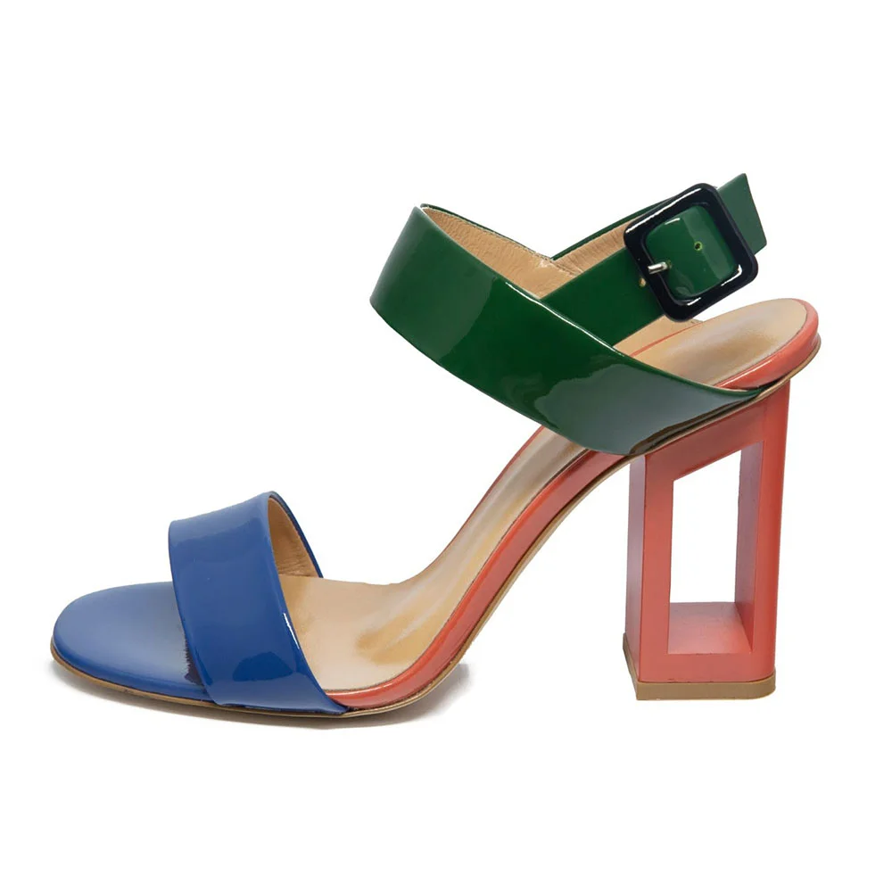 Women&lsquo;s Multicolor Round Toe Ankle Strap Chunky Heel Summer Sandals