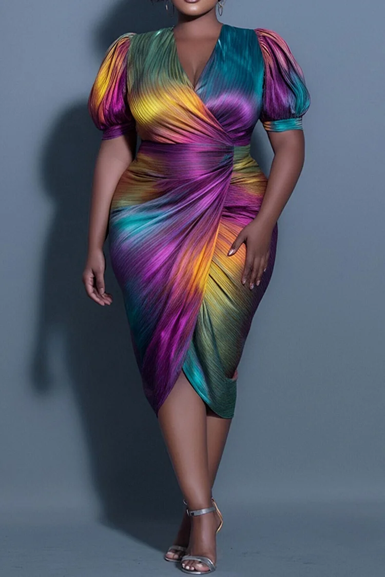 plus size bodycon dress cocktail and party Xpluswear Design Plus Size Cocktail Party Navy Blue Square Neck Puff Sleeve  Half Sleeve Fold Bodycon Satin Midi Dresses [Pre-Order]