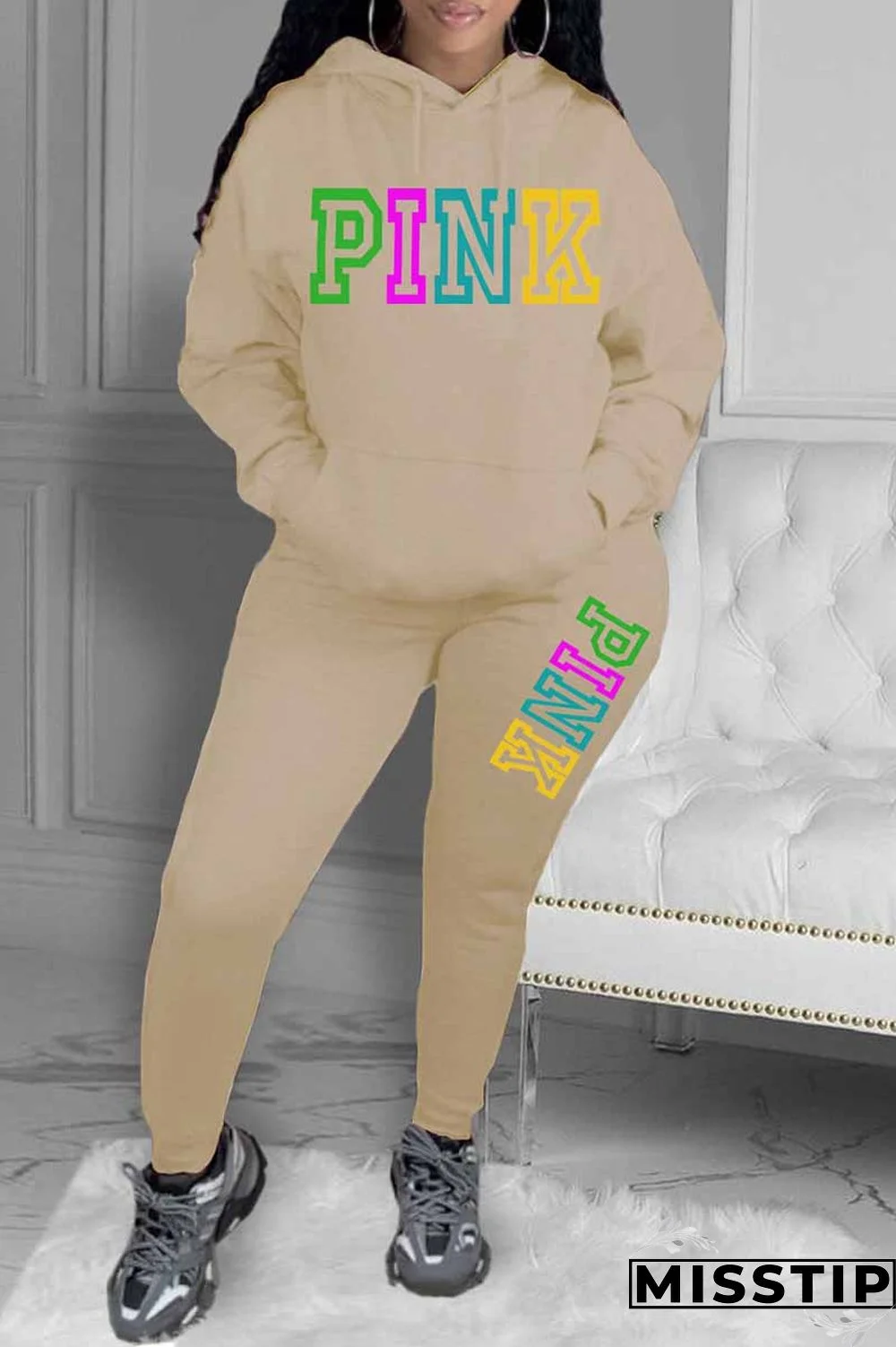 Grey Casual Print Letter Hooded Collar Long Sleeve Two Pieces