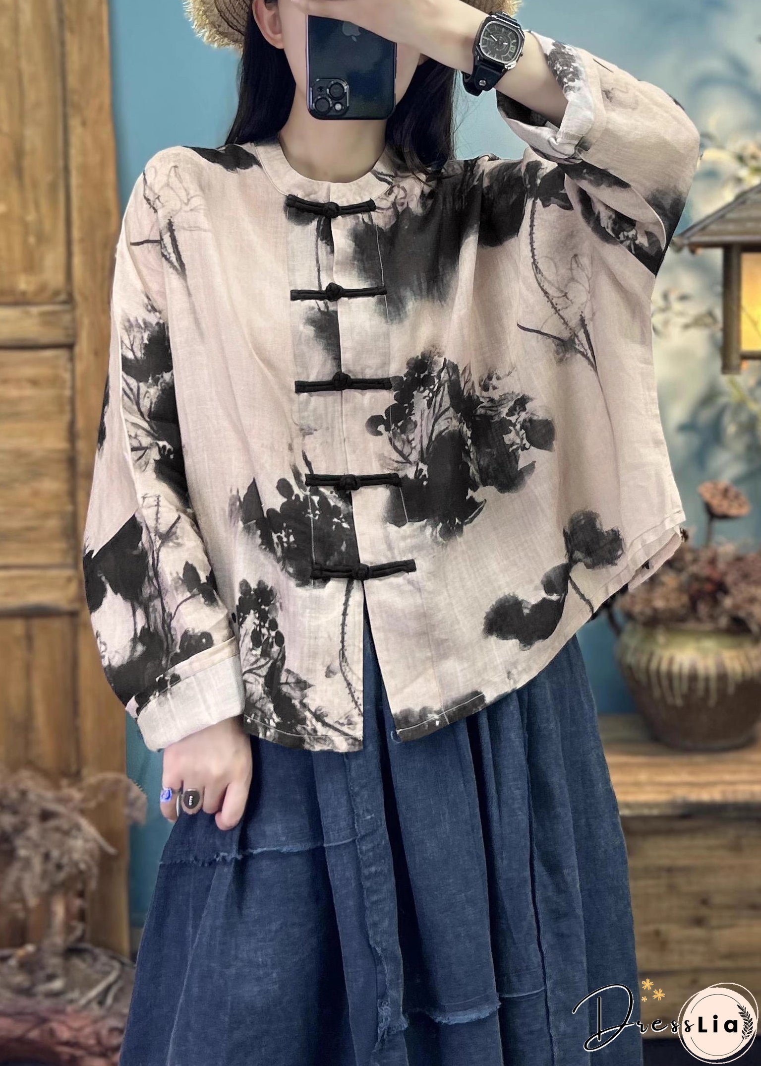 Loose Khaki Print Button Linen Coats Long Sleeve