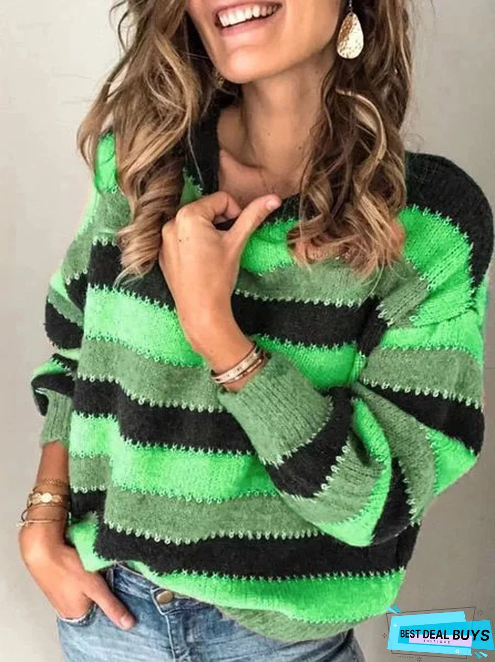 Plus Size Long Sleeve Crew Neck Striped Printed Casual Sweater