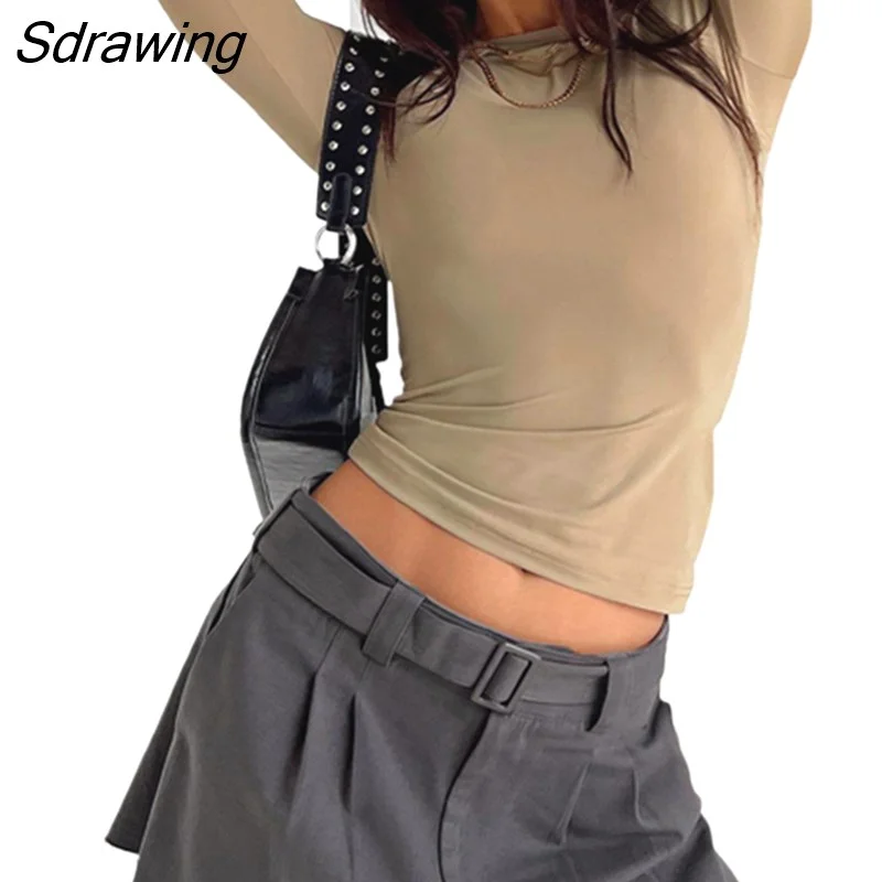 Sdrawing Women's Basic Long Sleeve Crop Top Solid Color Crew Neck Cozy Stretchy Slim Fitted Cropped T Shirts Pullover Streetwear