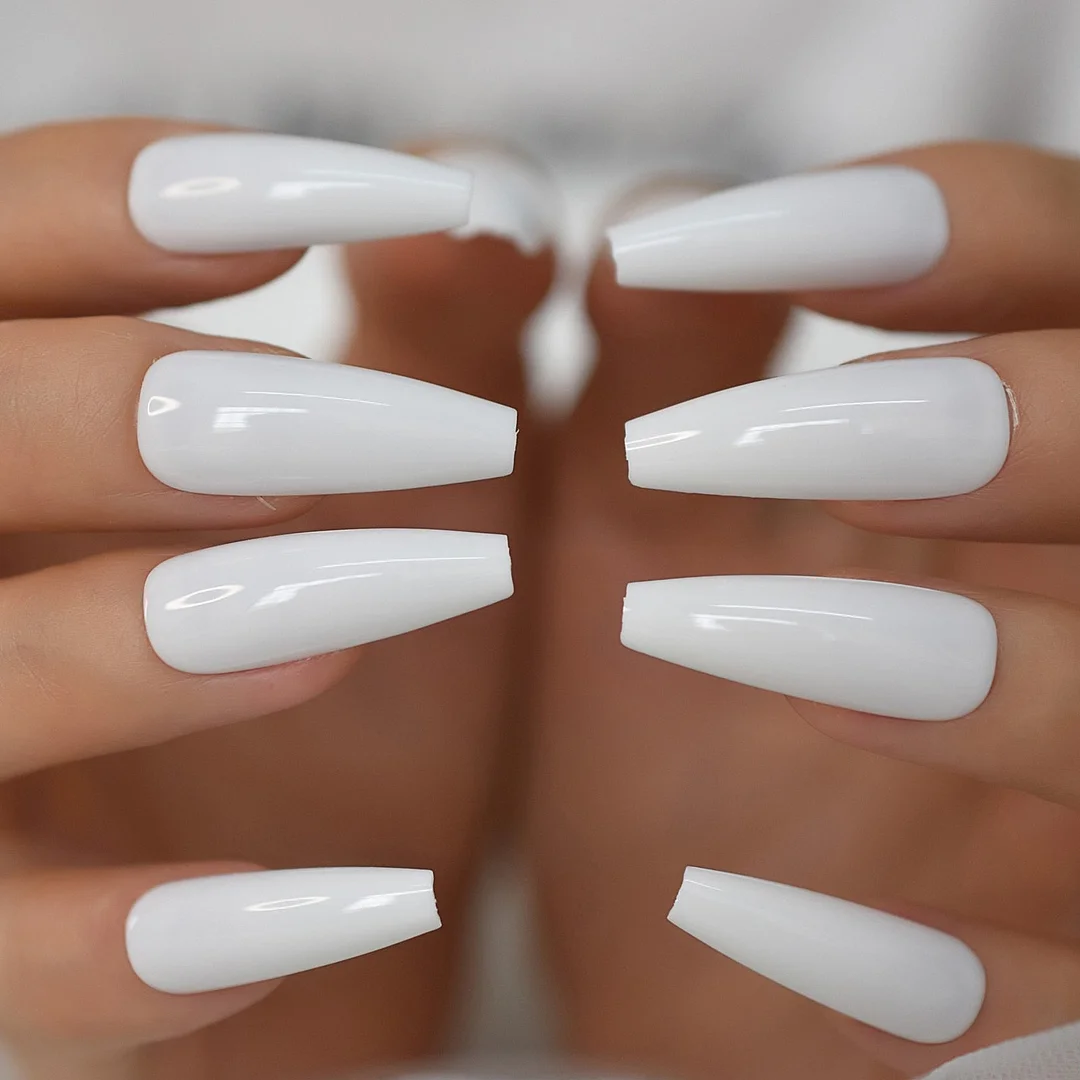 White Fake Nails Press On Acrylic Tips Gel Solid Color Long Coffin Ballerina False Nail Set For Nails Salon DIY Home