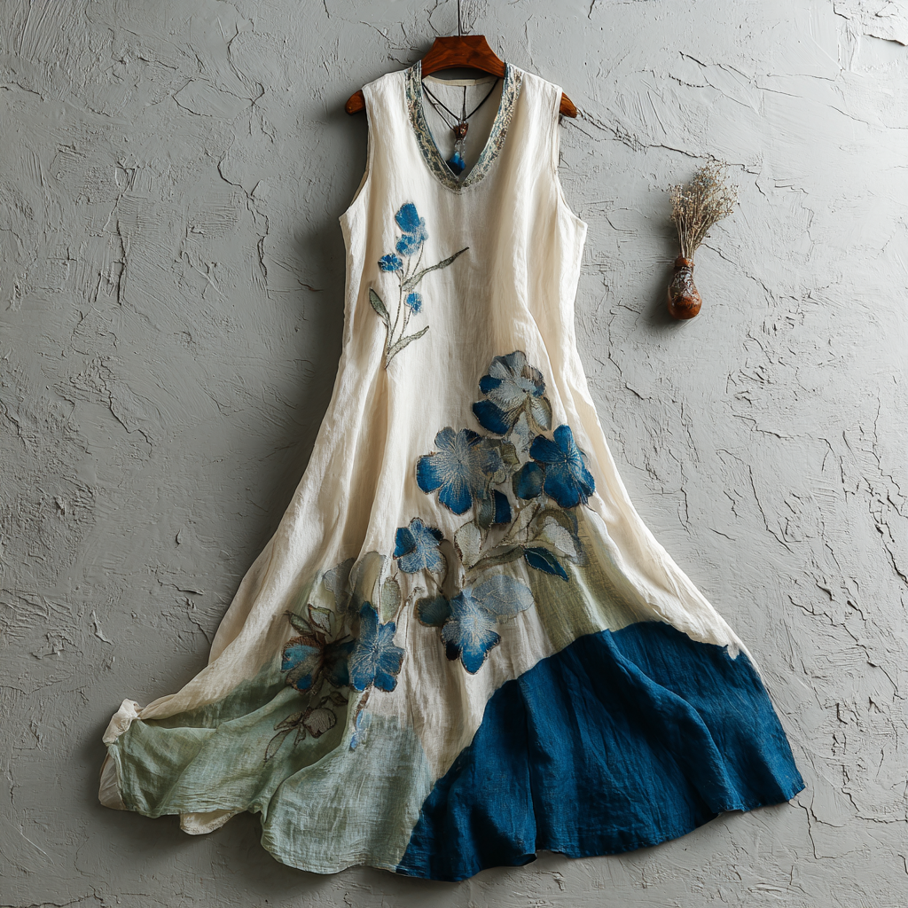 Comstylish Women's Vintage Japanese Sakura Artistic Linen Sleeveless Dress