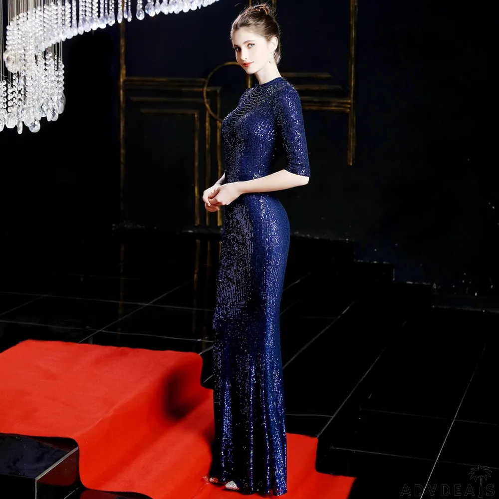 Sequins Half Sleeves Round Neck Evening Dress