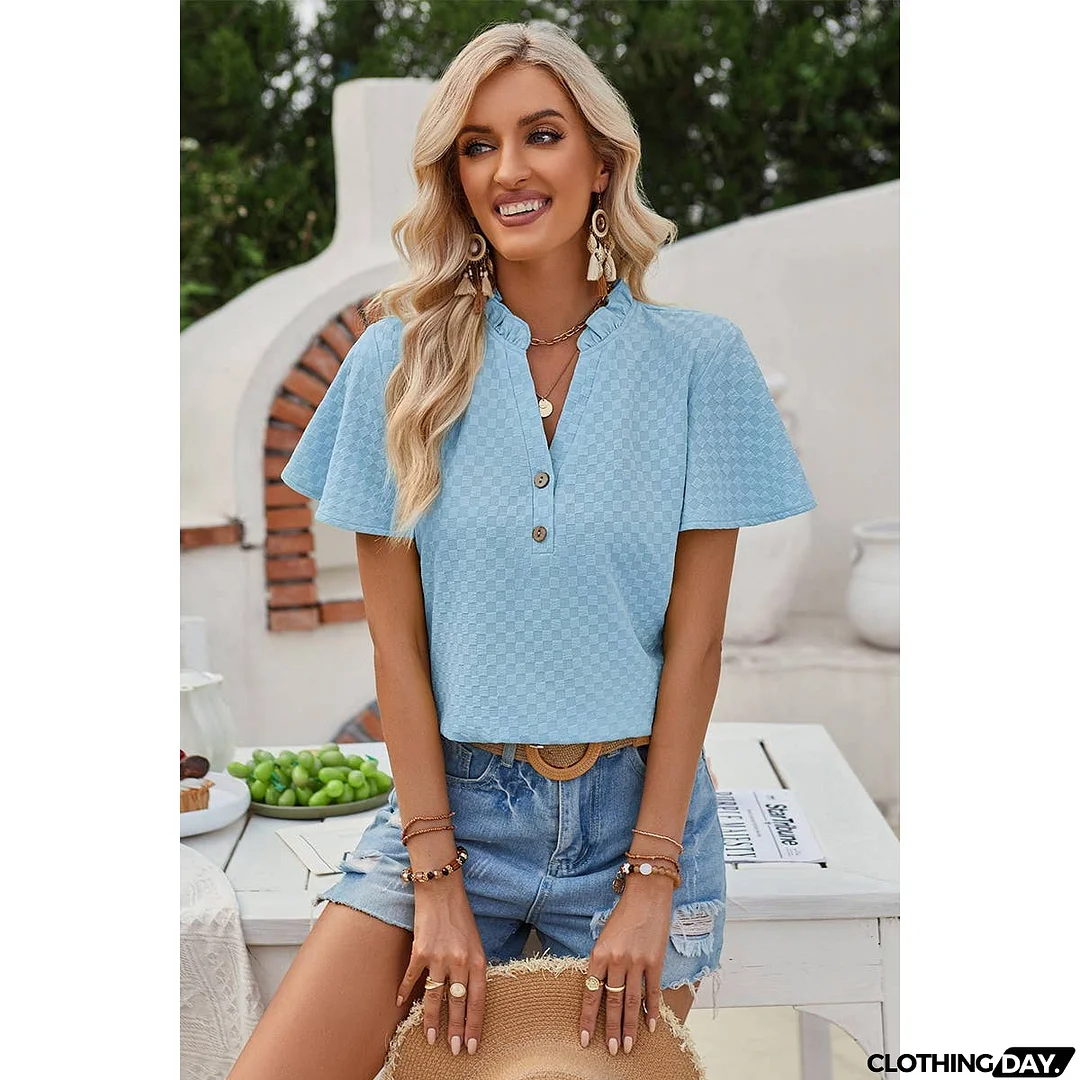 Plaid Button V Ruffle Neck Loose Blouse