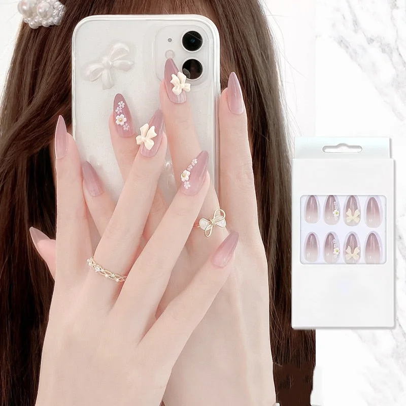 24PCS/box Mid-length  stiletto nail tips Gradients wear full cover paragraph fashion Manicure patch false fingernails for girls-Nail Inspo