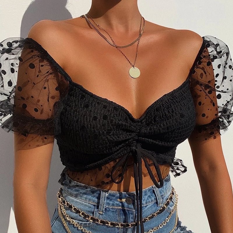 Summer Polka Dot Mesh Puff Sleeve T-Shirt Women Square Collar Crop Tops Sexy Lace Up Front Slim Fit Tees Chic Lady Plain Top
