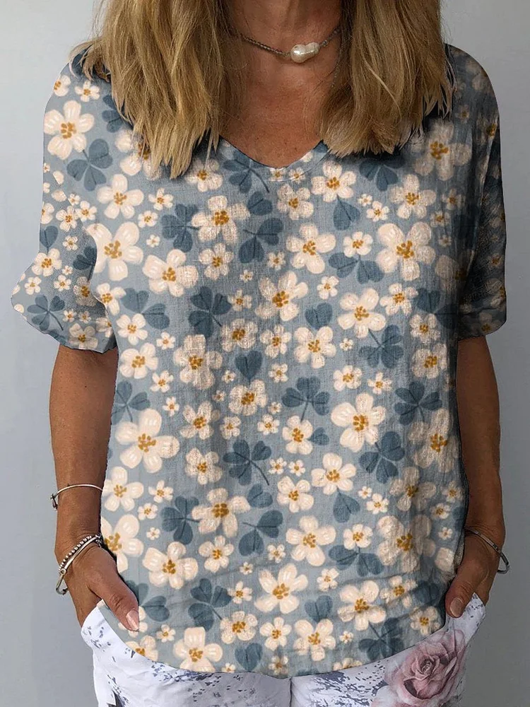 Women's Floral Print On Blue Background Print Casual Cotton And Linen Shirt