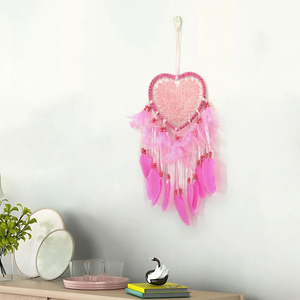 Heart Dream Catcher LED Light Feathers Wall Hanging Dreamcatcher (Pink)