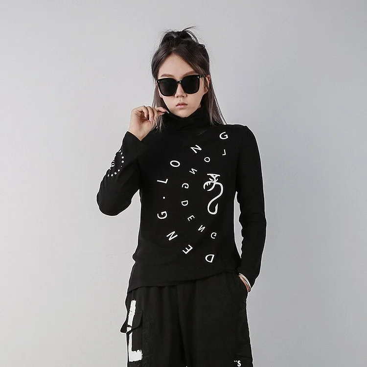 Casual Solid Color Turtleneck Letter Printed Long Sleeve T-shirt 