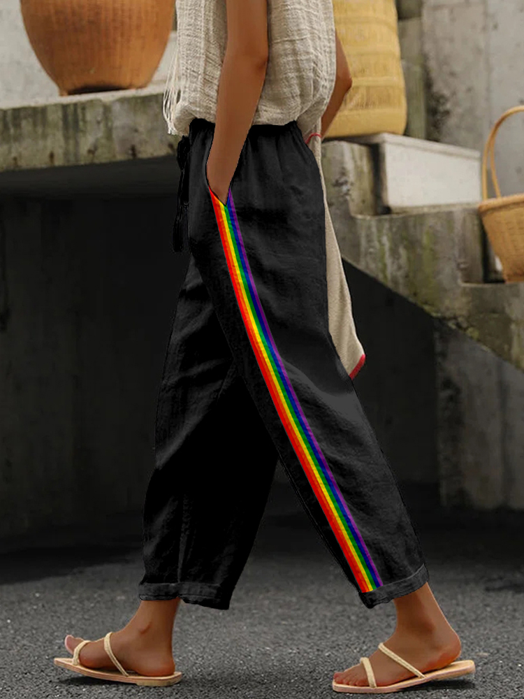 Comstylish Rainbow Stripe Linen Blend Casual Pants