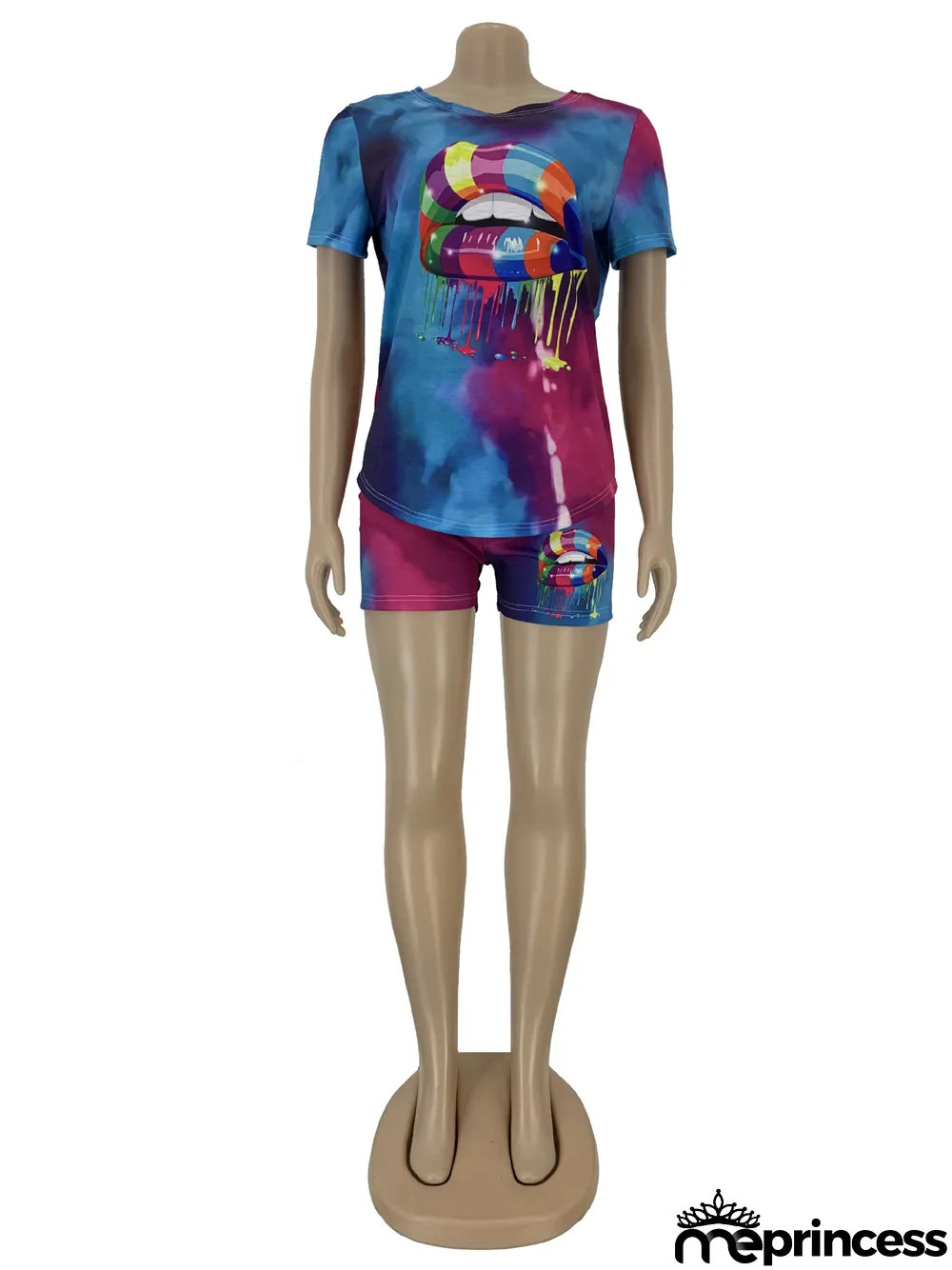 Plus Size Tie Dye Lips Print Two Piece Shorts Set